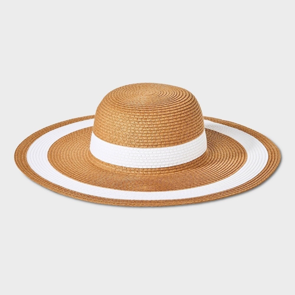 Women's Shade & Shore Brown White Striped Straw Floppy Hat New With Tags